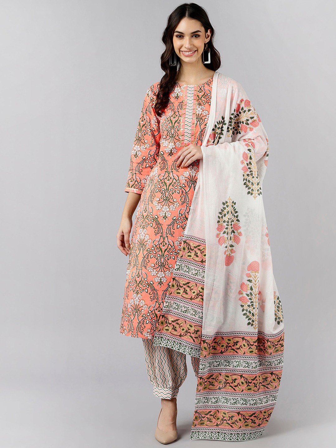 

AHIKA Women Peach-Coloured Ethnic Motifs Printed Pleated Pure Cotton Kurti with Palazzos & With Dupatta