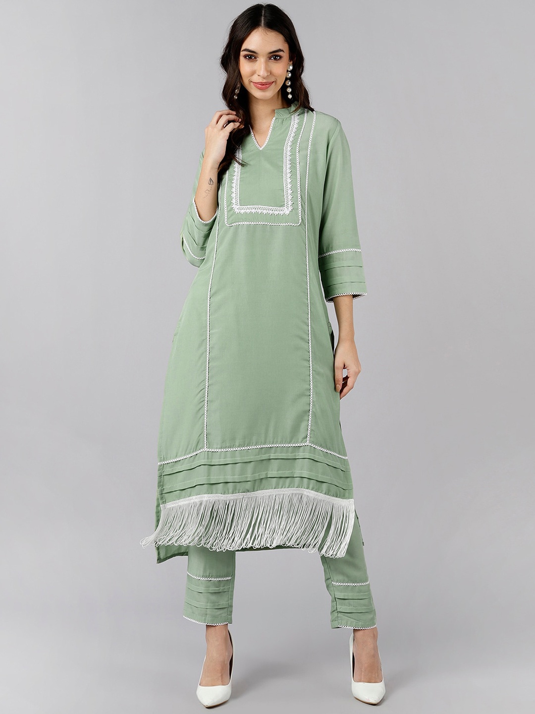 

AHIKA Women Sage Green & White Kurti with Trousers