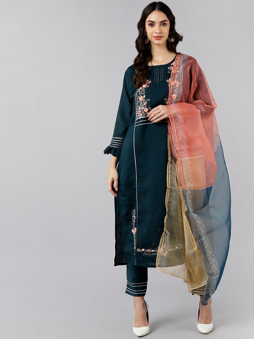 

AHIKA Women Teal Floral Embroidered Panelled Kurti with Trousers & With Dupatta