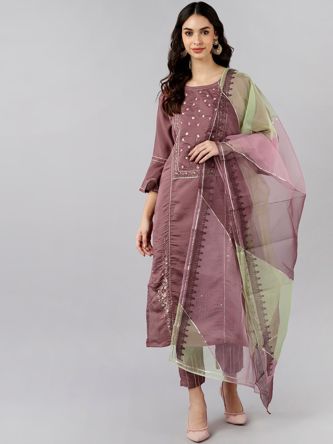 

AHIKA Women Mauve Layered Kurti with Trousers & With Dupatta