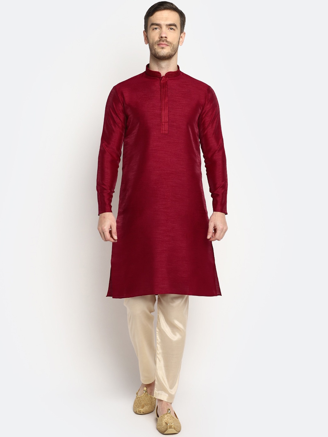 

DEVOILER Men Maroon Thread Work Mono Silk Kurta