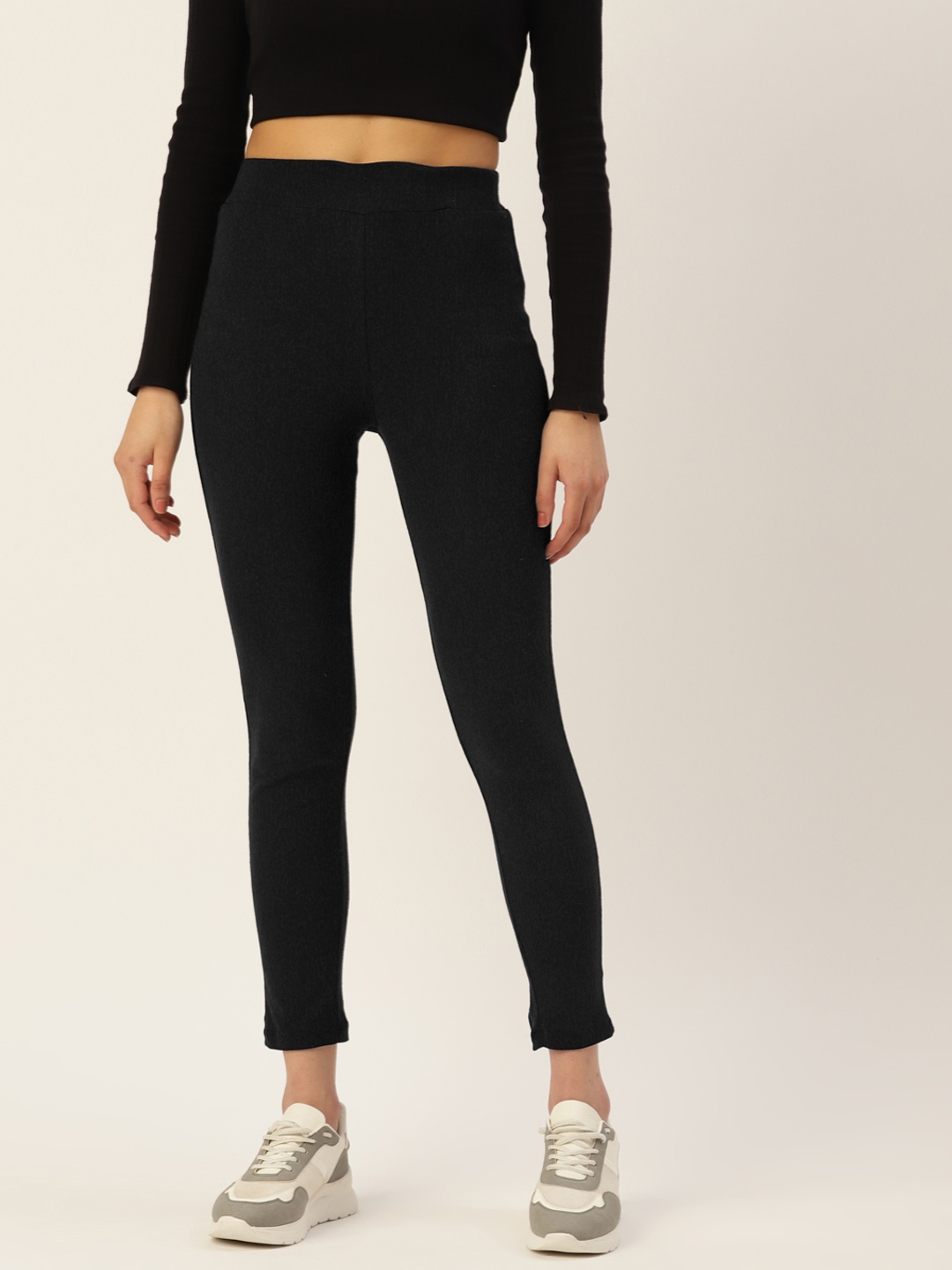 

DressBerry Women Ribbed Cropped Tights, Black