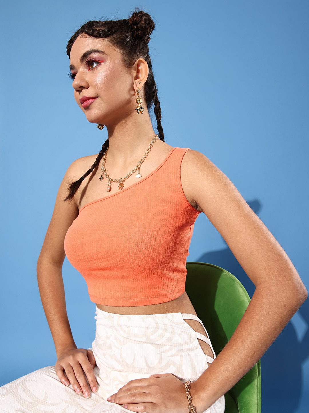 

DressBerry Orange Ribbed One-Shoulder Crop Top