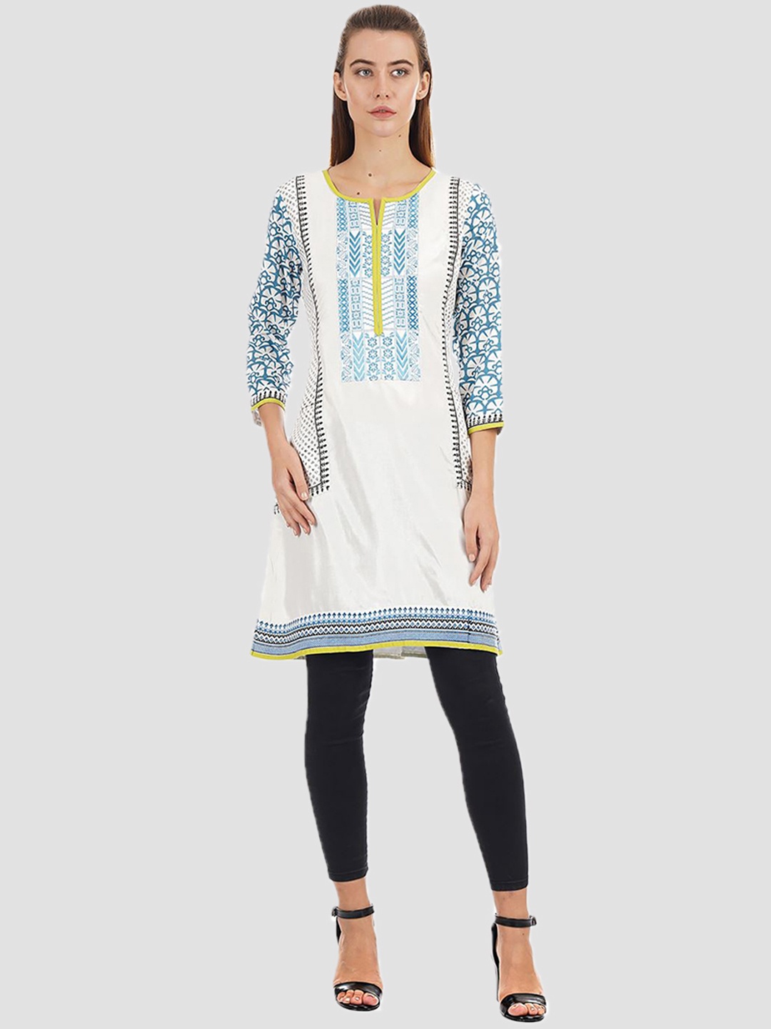

Ethnicity Women White & Blue Ethnic Motifs Thread Work Kurta