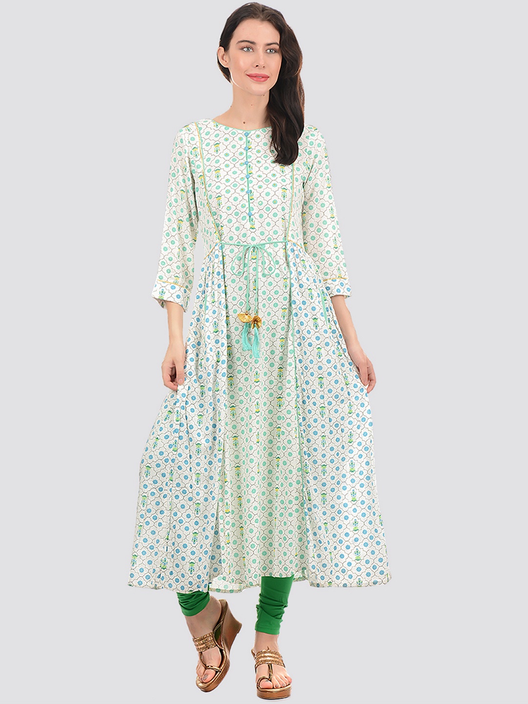 

Ethnicity Women Green & White Ethnic Motifs Printed Cotton Anarkali Kurta