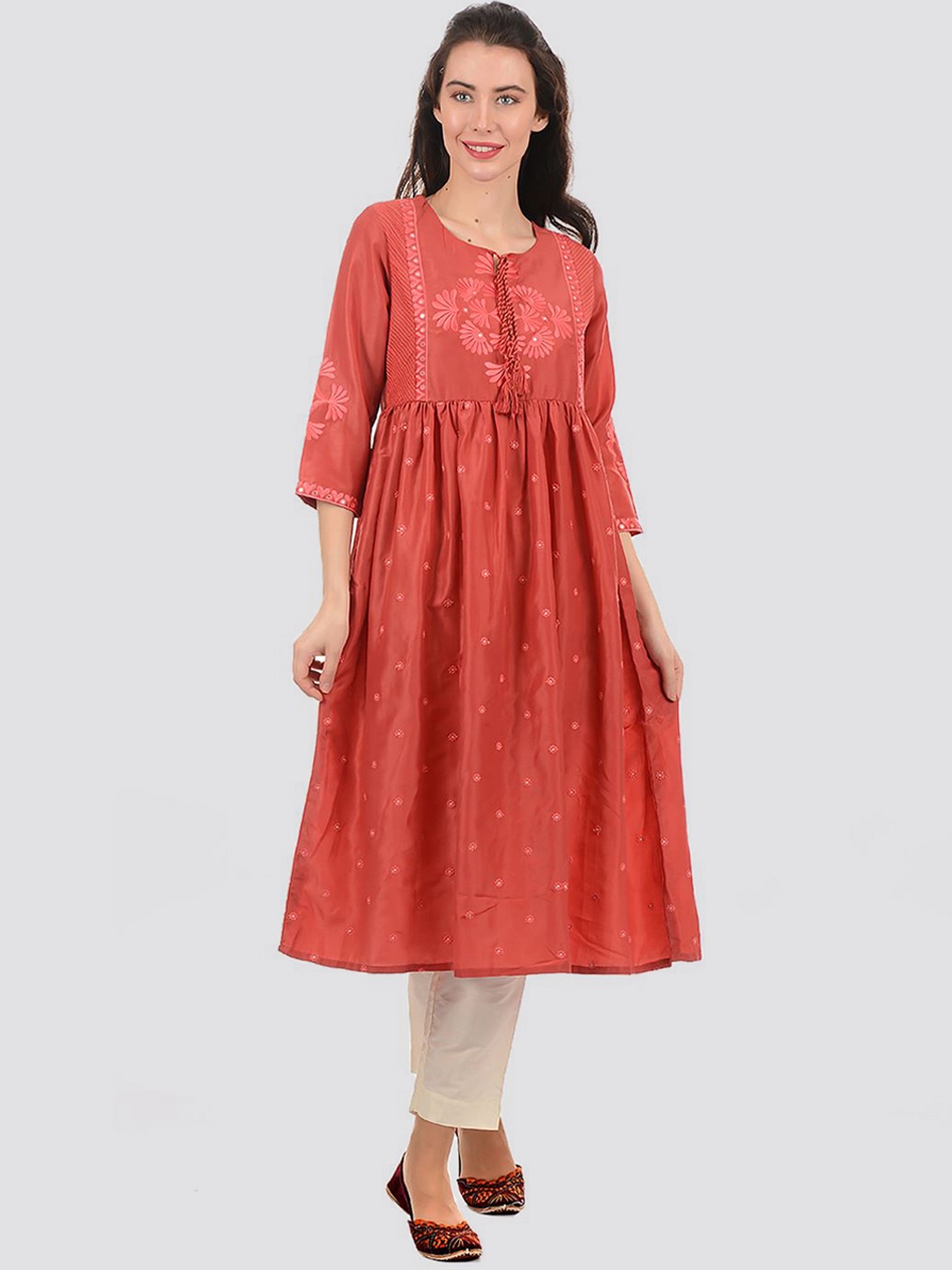 

Ethnicity Women Red Ethnic Motifs Dyed Mirror Work Anarkali Kurta
