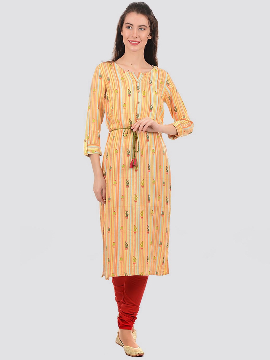 

Ethnicity Women Yellow Striped Mirror Work Kurta