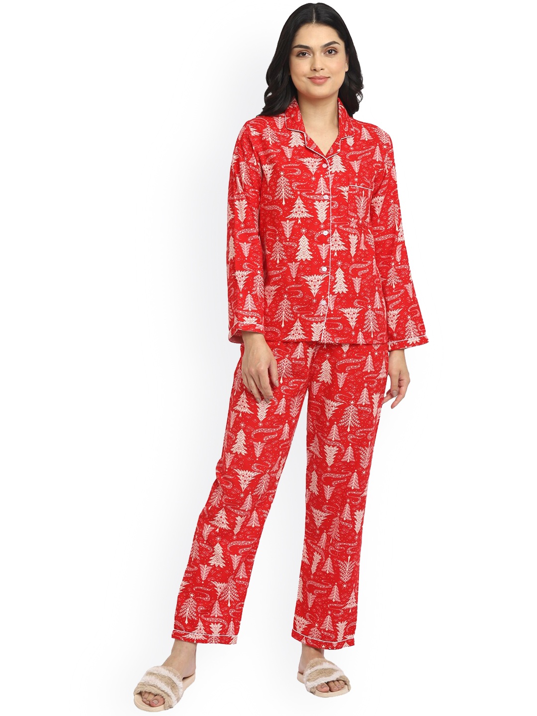 

shopbloom Women Red Printed Cotton Night Suit