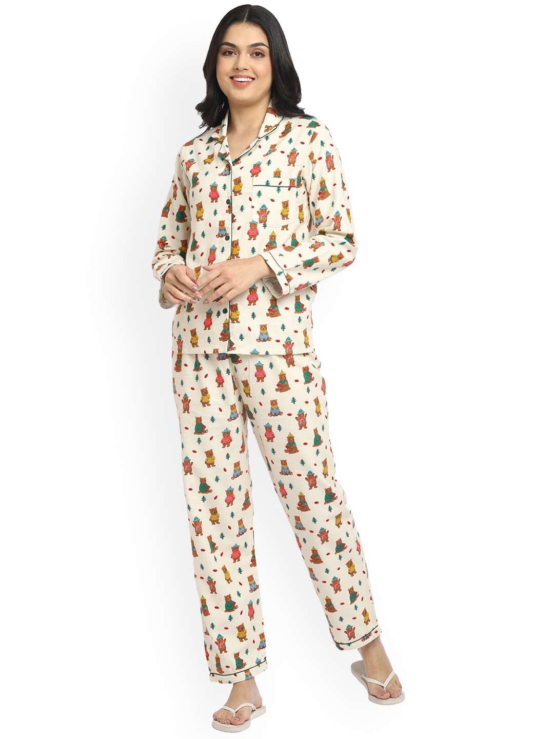 

shopbloom Women Beige Printed Cotton Night suit