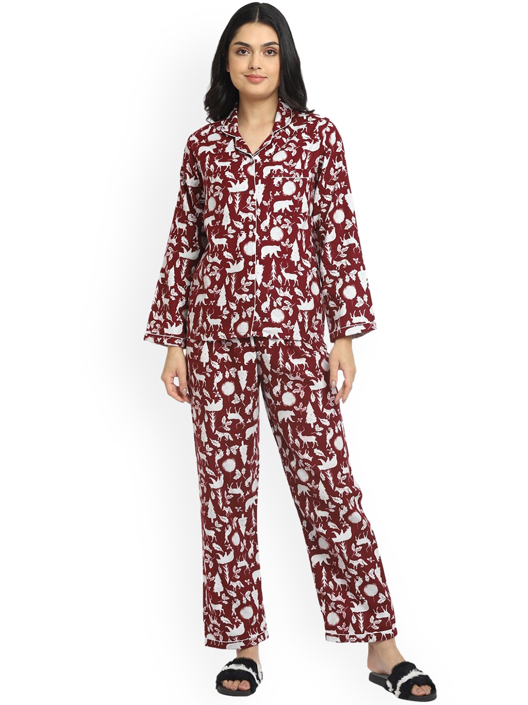 

shopbloom Women Brown & White Printed Cotton Night suit