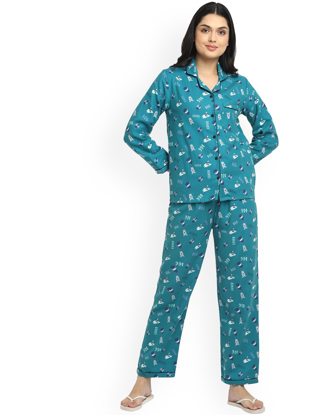 

shopbloom Women Blue Printed Cotton Flannel Night suit