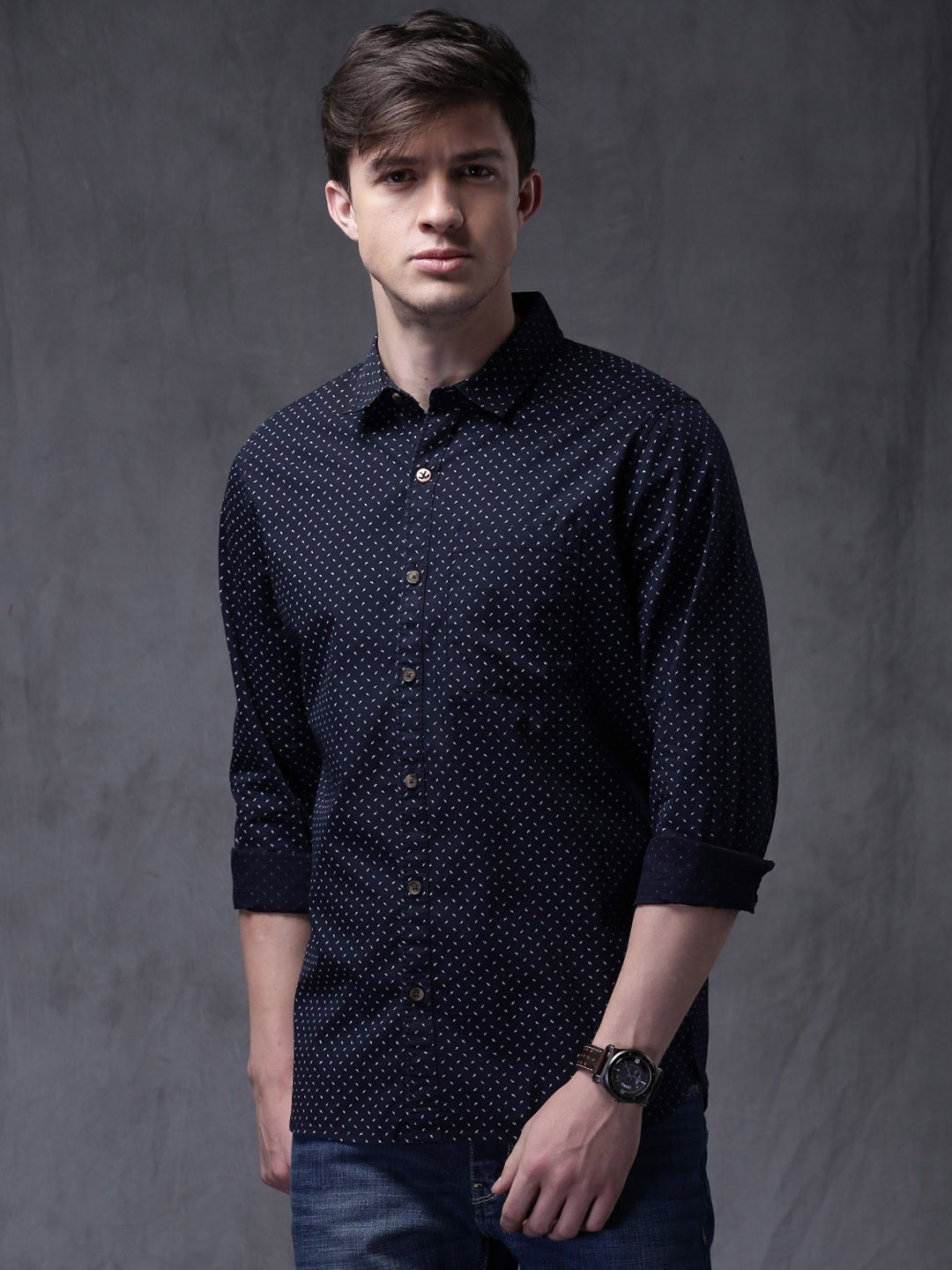 

WROGN Men Navy Slim Fit Printed Casual Shirt, Navy blue
