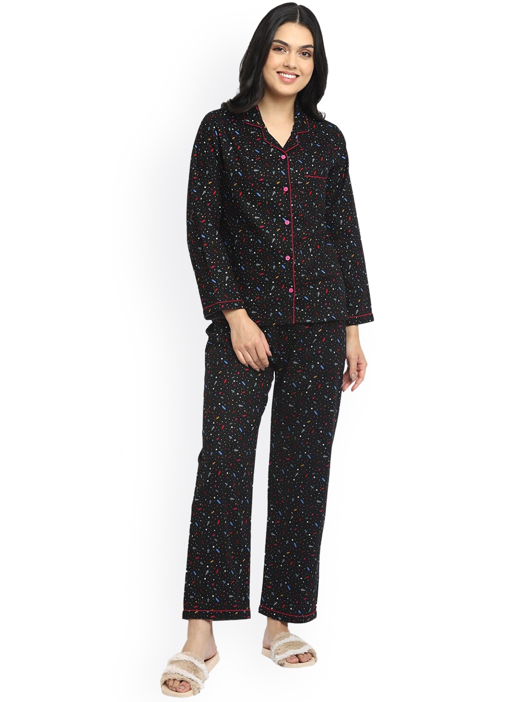 

shopbloom Women Black Printed Cotton Night suit