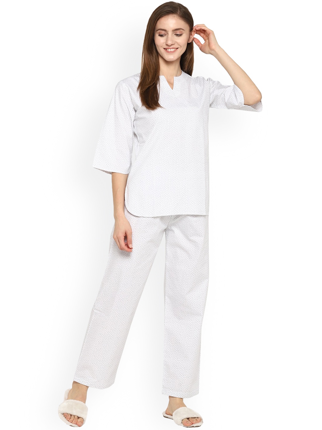 

shopbloom Women White Printed Cotton Night suit
