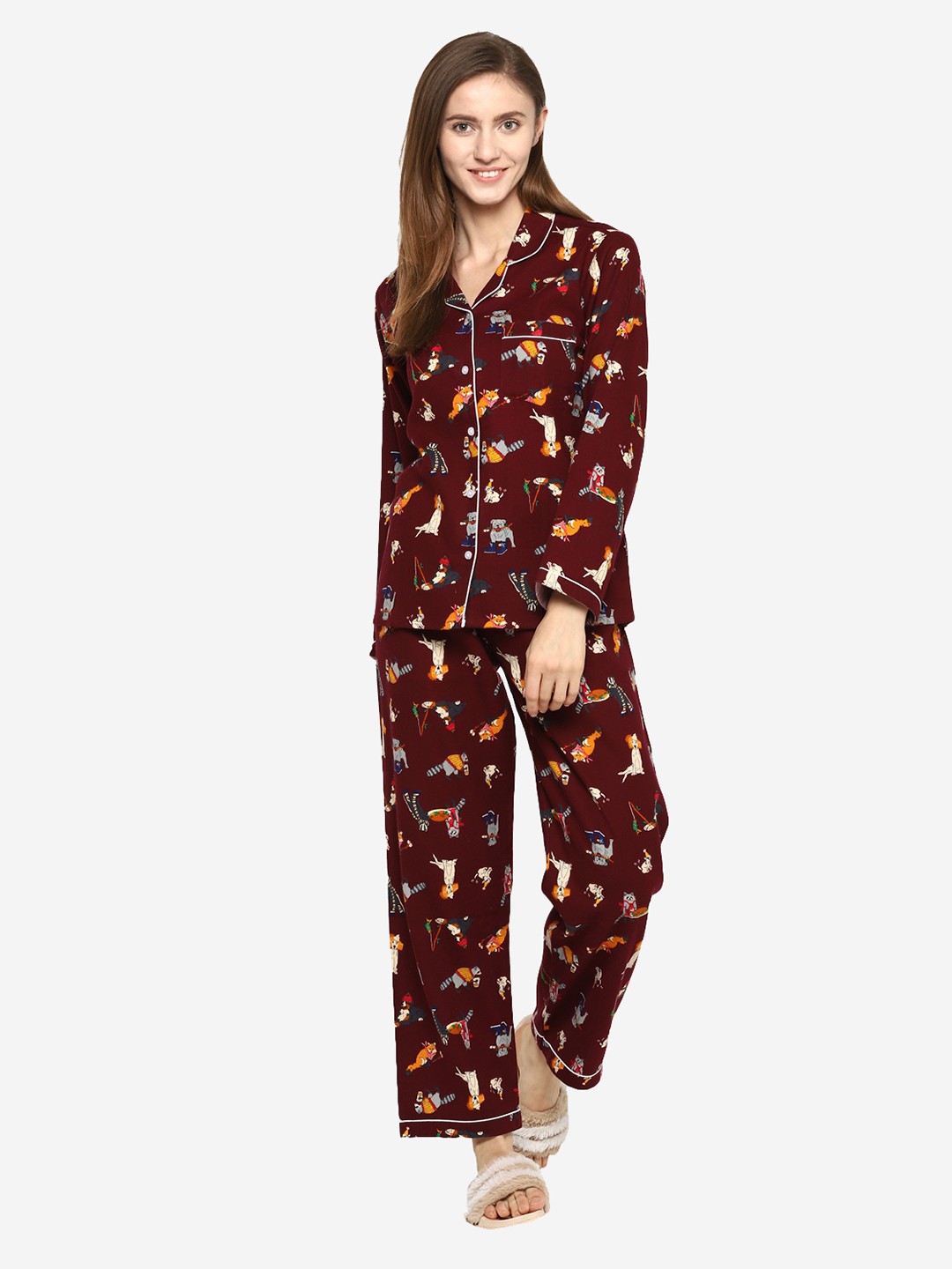 

shopbloom Women Maroon Printed Night Suit