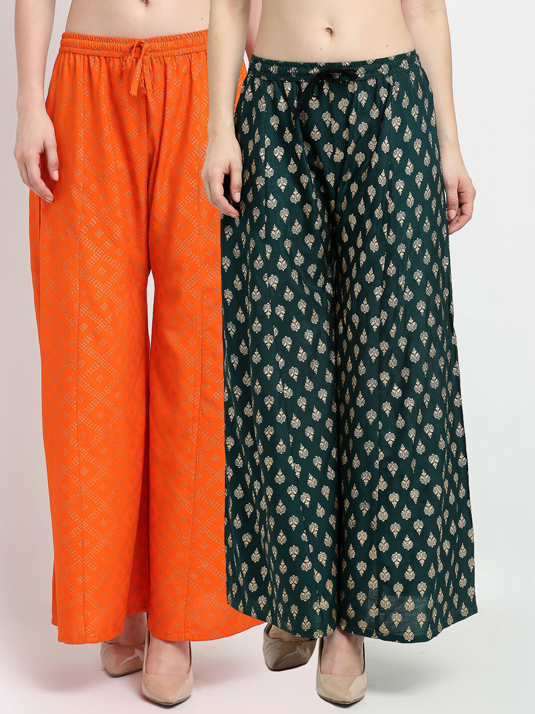 

Jinfo Women Pack of 2 Orange & Green Ethnic Motifs Block Printed Ethnic Palazzos