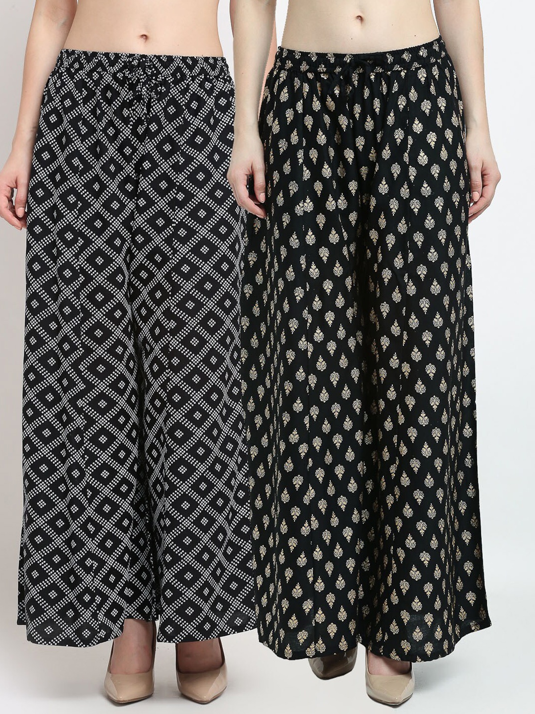 

Jinfo Women Pack of 2 Black & White Ethnic Motifs Printed Flared Ethnic Palazzos