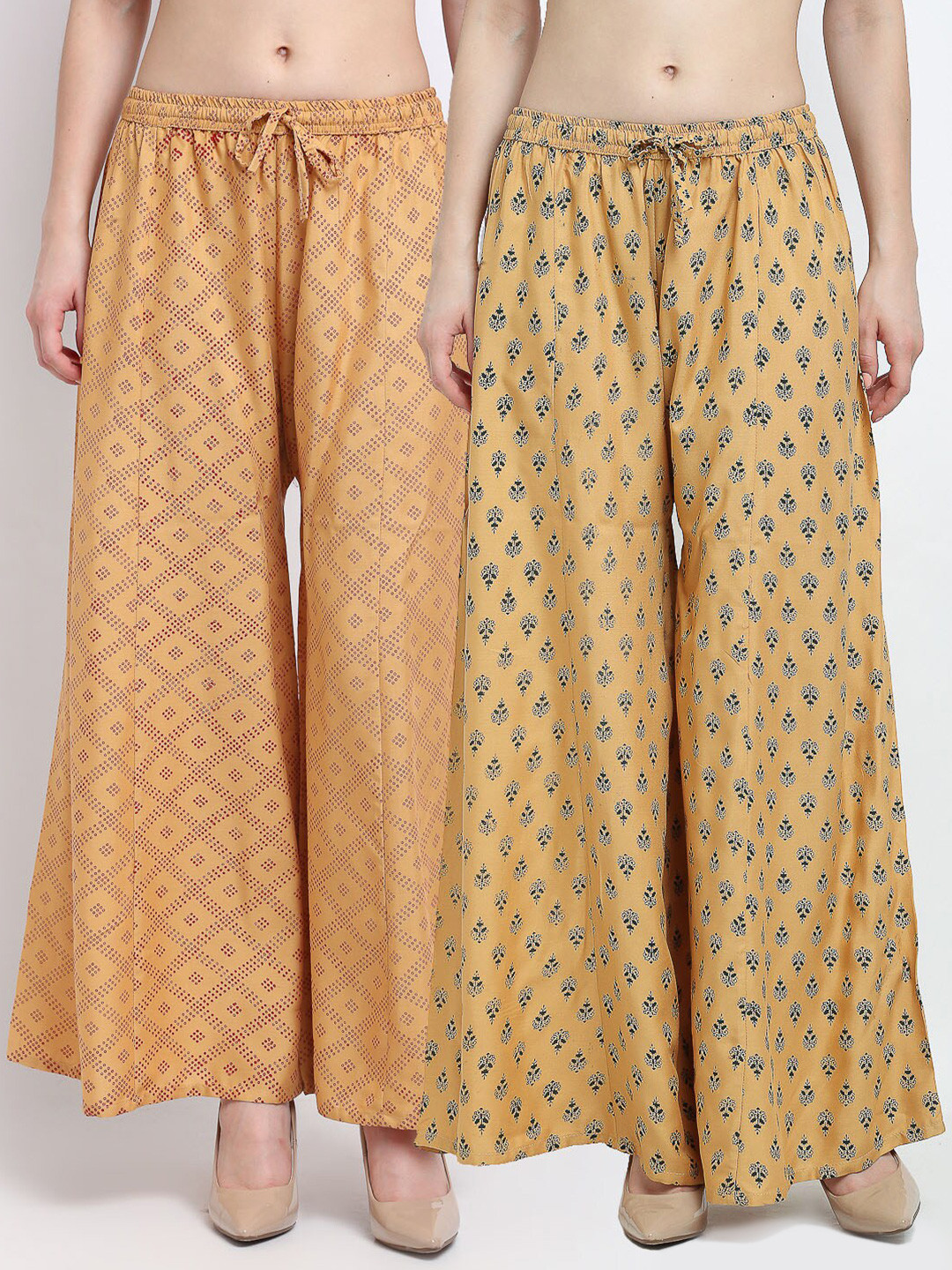 

Jinfo Women Pack of 2 Beige Ethnic Motifs Printed Flared Knitted Ethnic Palazzos