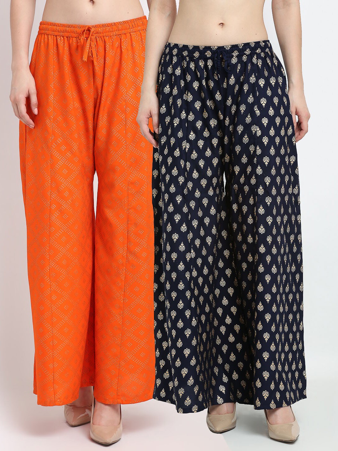 

Jinfo Women Set of 2 Printed Flared Knitted Ethnic Palazzos, Orange