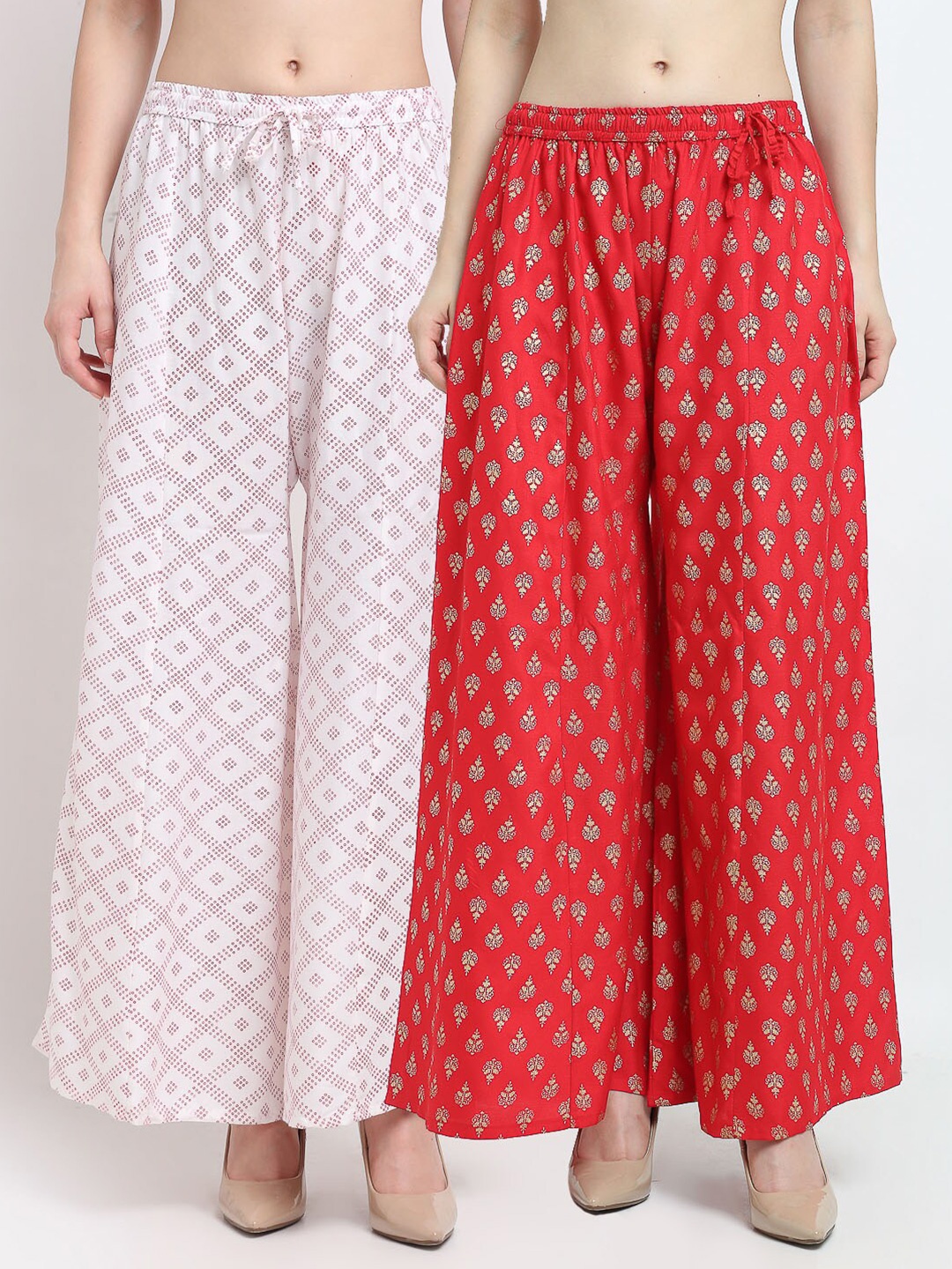 

Jinfo Women White & Red Pack Of 2 Block Printed Flared Fit Palazzos