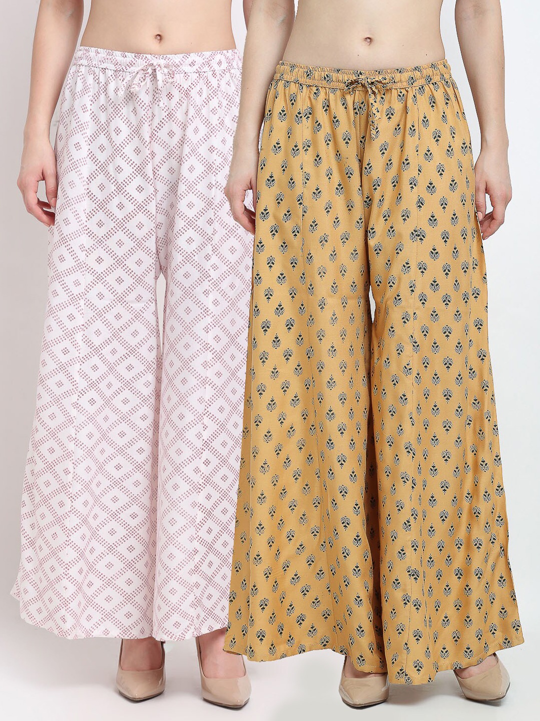 

Jinfo Women White & Beige Set Of 2 Ethnic Motifs Printed Flared Ethnic Palazzos