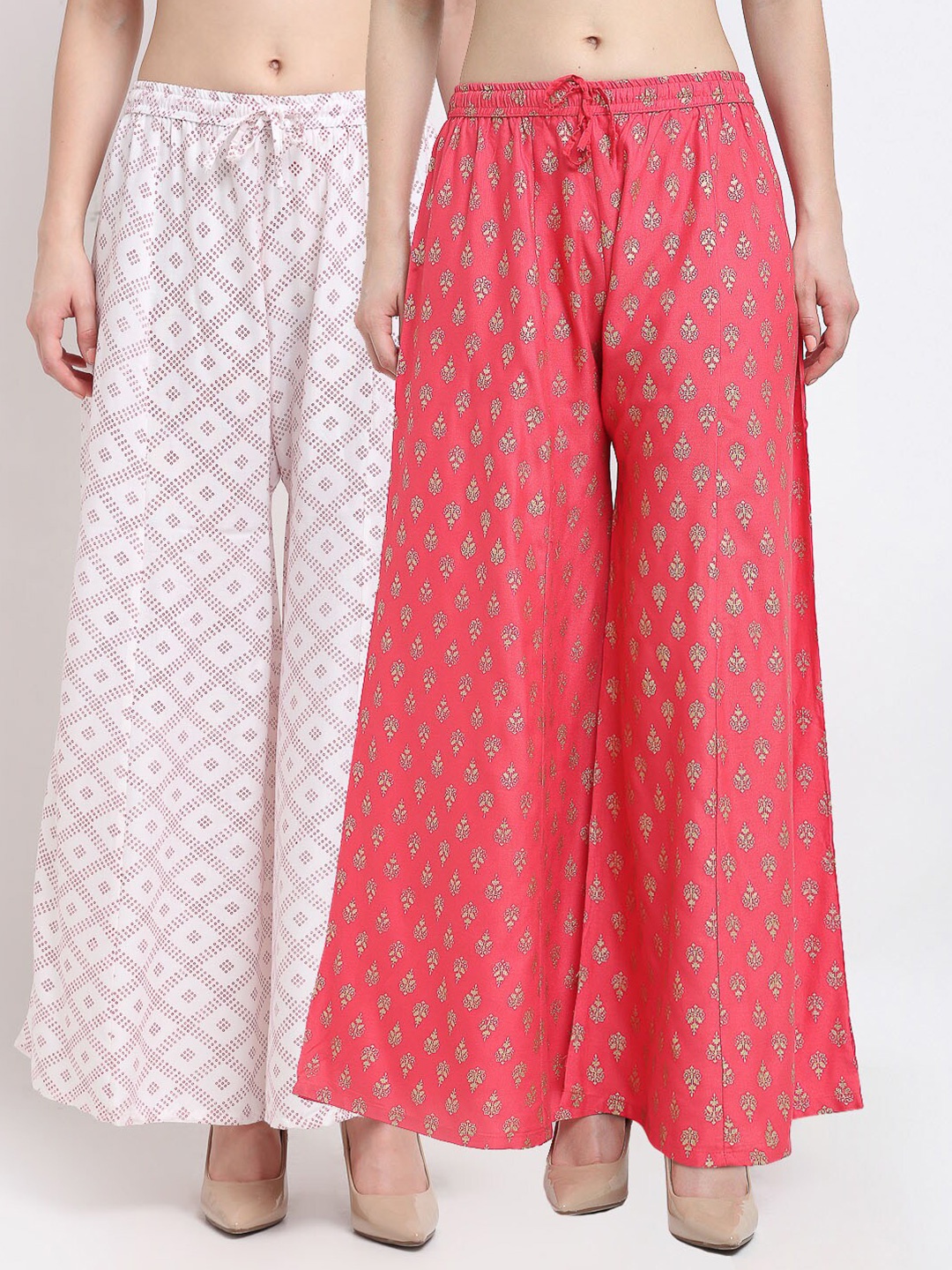 

Jinfo Women Pack of 2 Printed Flared Knitted Ethnic Palazzos, White