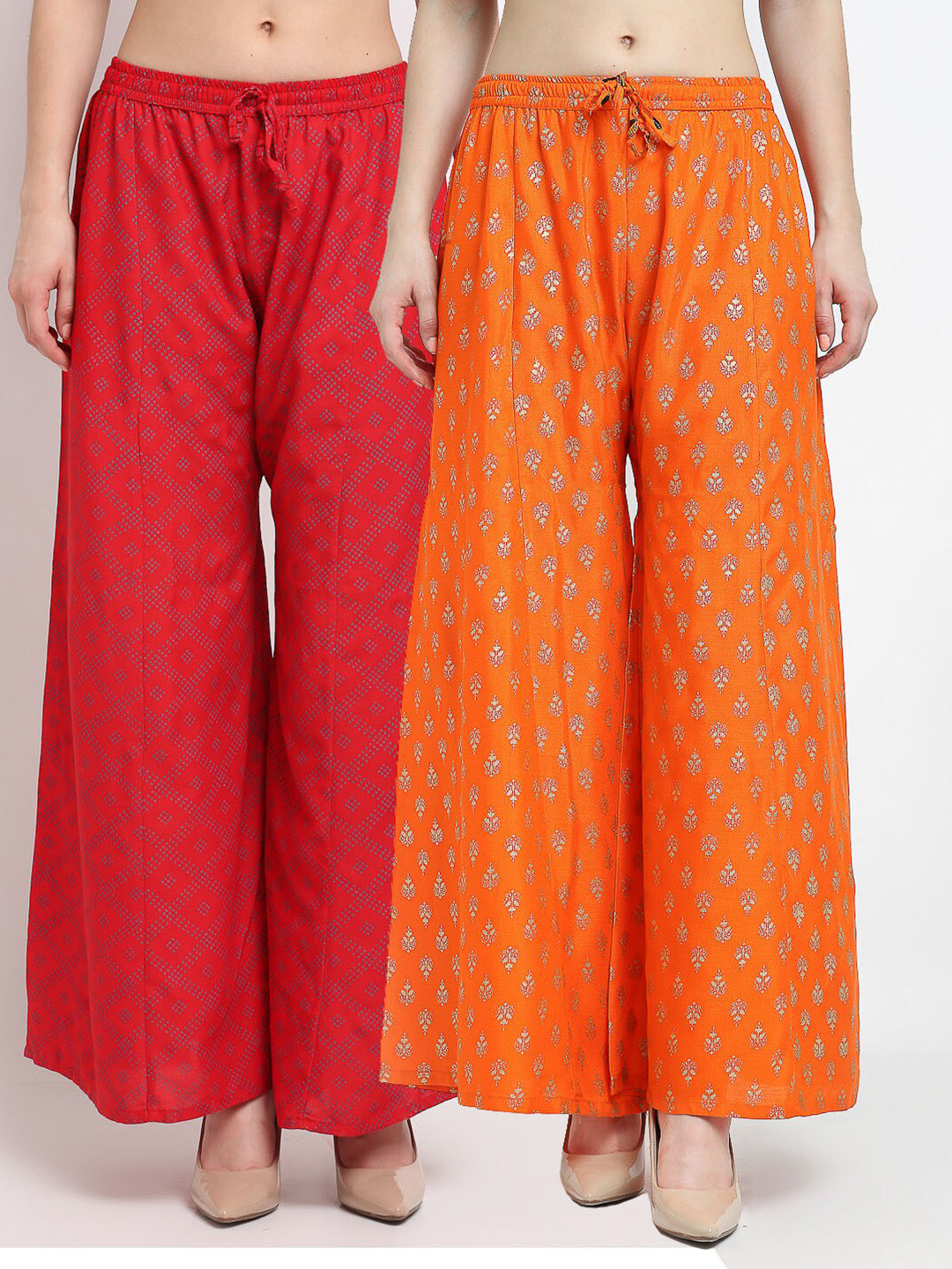 

Jinfo Women Red & Orange Set Of 2 Printed Flared Ethnic Palazzos