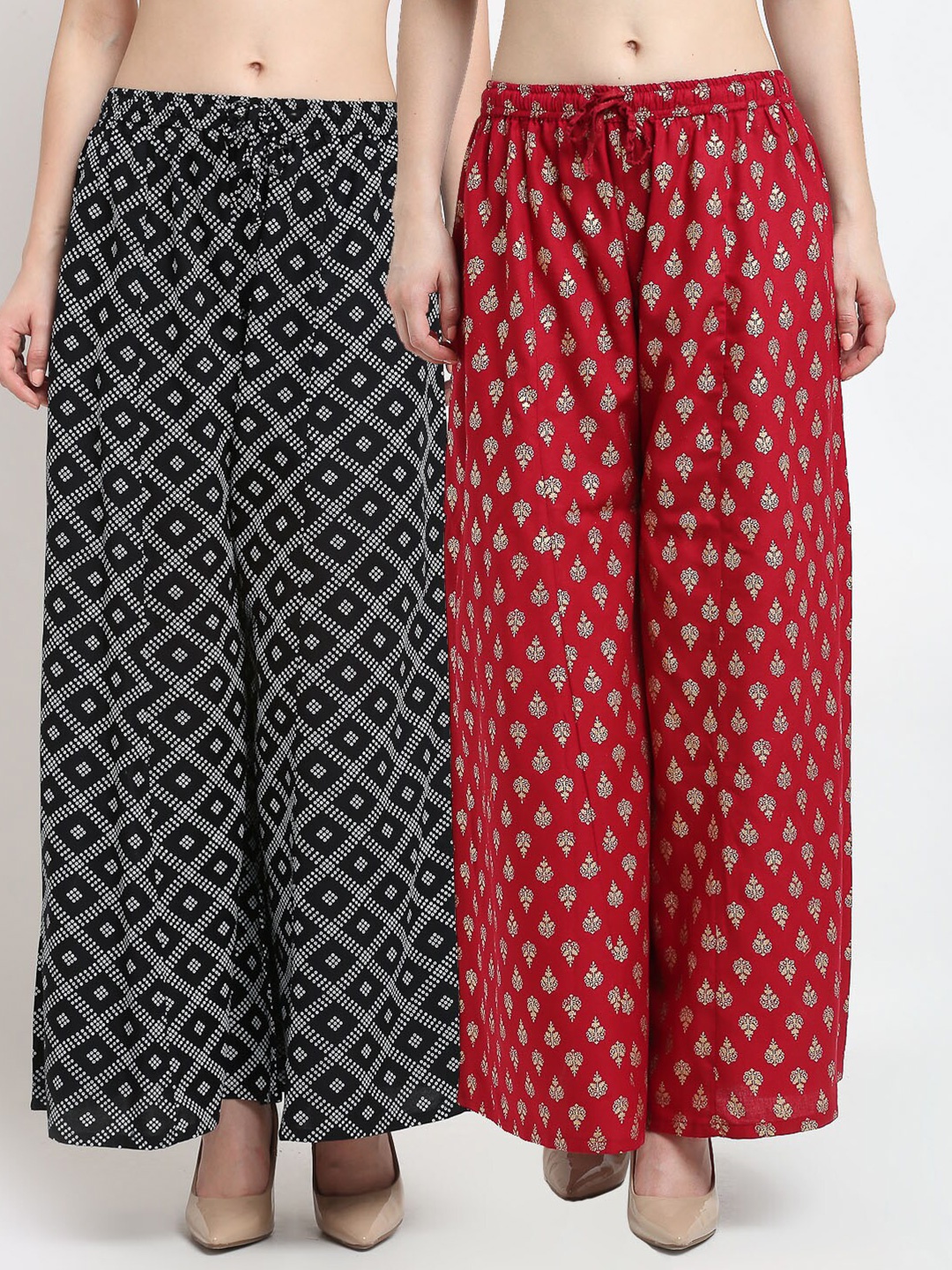 

Jinfo Pack Of 2 Ethnic Motifs Printed Flared Knitted Ethnic Palazzos, Black