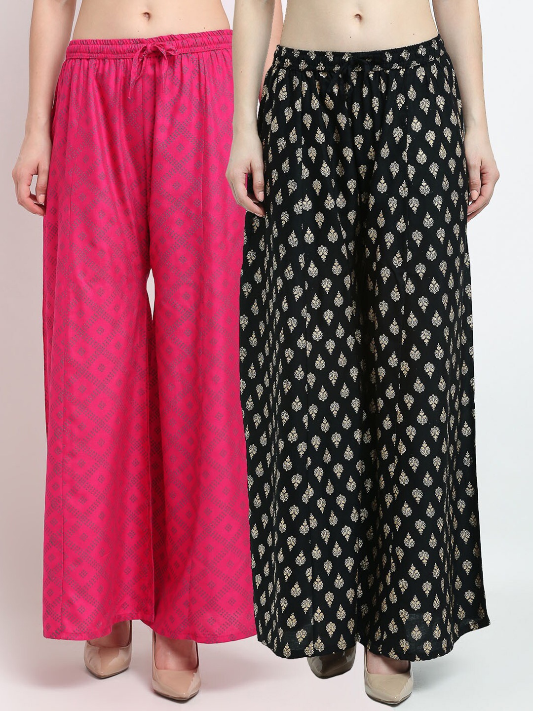 

Jinfo Women Pink & Black Set Of 2 Ethnic Motifs Printed Flared Ethnic Palazzos