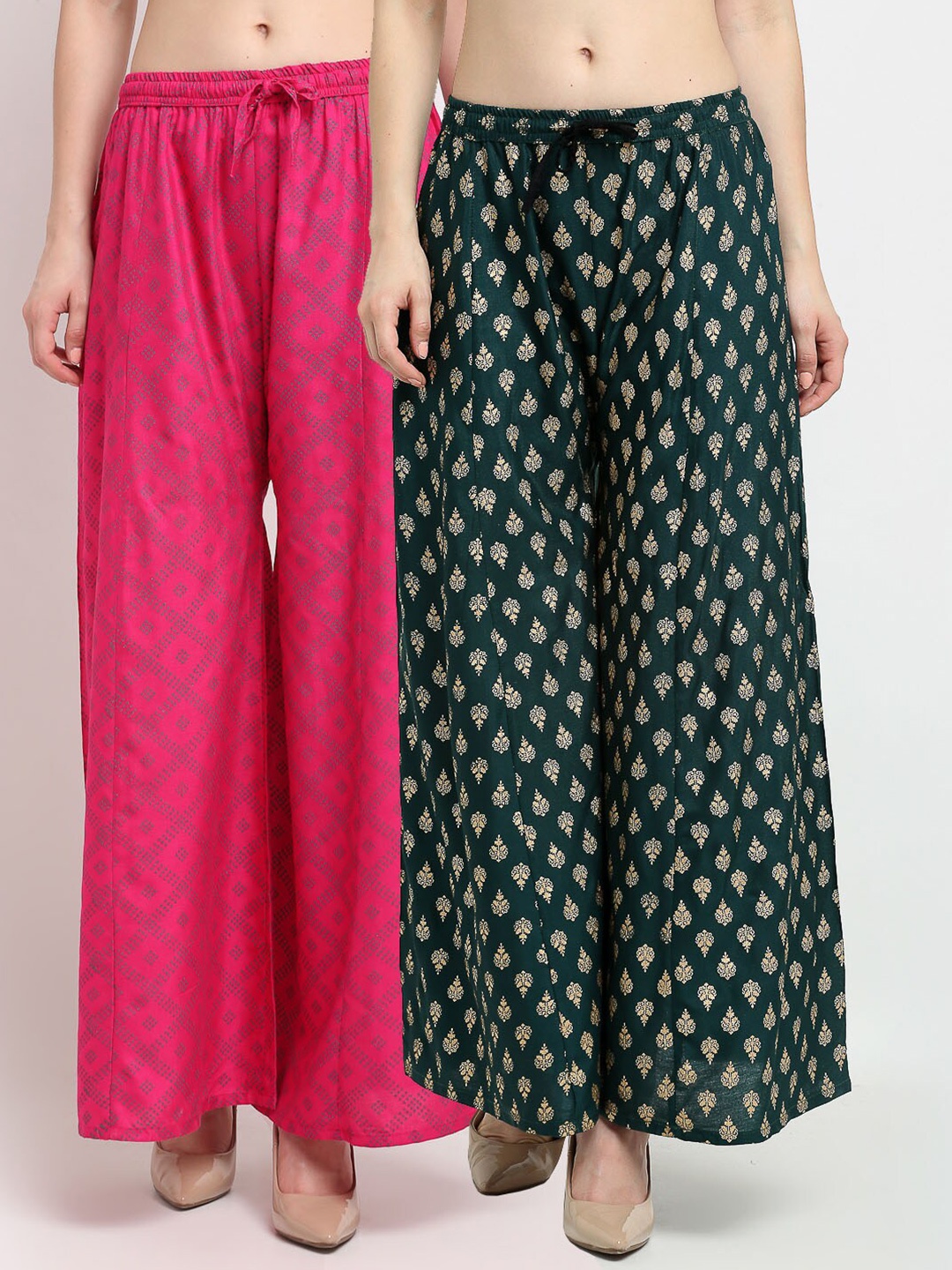 

Jinfo Women Pink & Green Set Of 2 Printed Flared Knitted Ethnic Palazzos