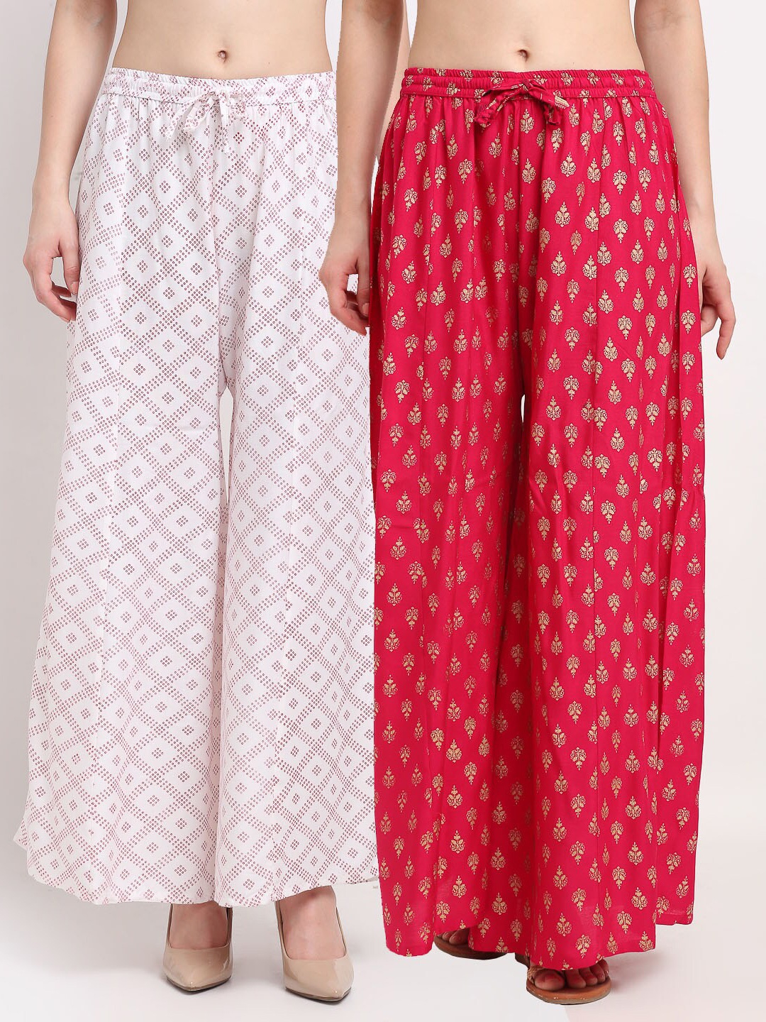 

Jinfo Women Pack Of 2 White & Pink Ethnic Motifs Printed Flared Ethnic Palazzos