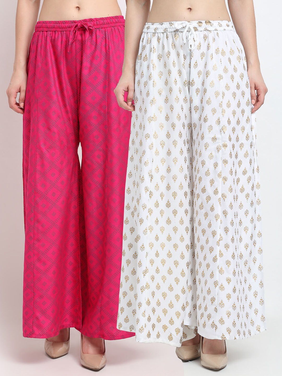 

Jinfo Women Pack Of 2 Pink & White Ethnic Motifs Printed Flared Ethnic Palazzos