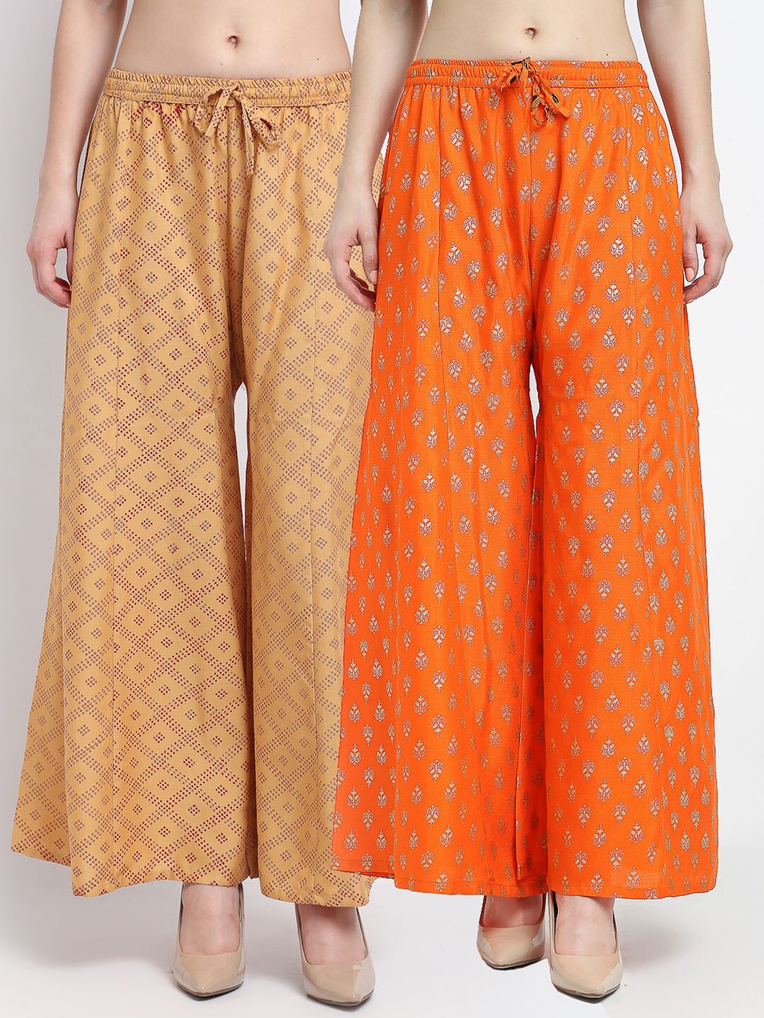 

Jinfo Women Pack of 2 Printed Flared Knitted Ethnic Palazzos, Beige