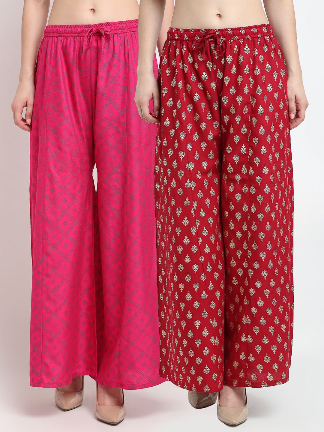 

Jinfo Pack Of 2 Printed Flared Ethnic Palazzos, Pink