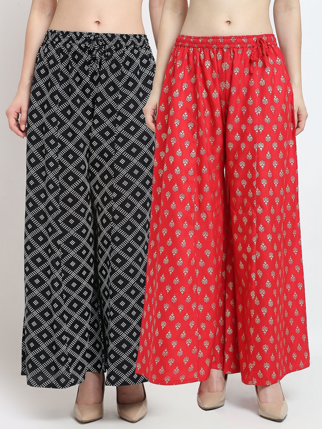 

Jinfo Women Black & Red Set Of 2 Ethnic Motifs Printed Flared Ethnic Palazzos