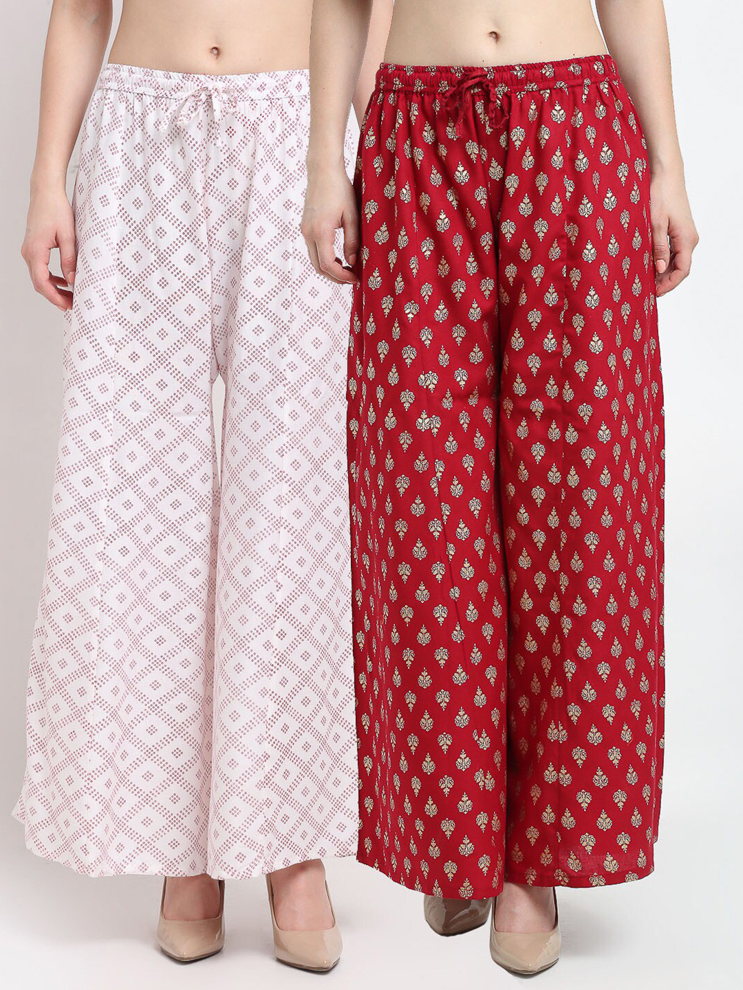 

Jinfo Women White & Maroon Set Of 2 Ethnic Motifs Printed Flared Ethnic Palazzos