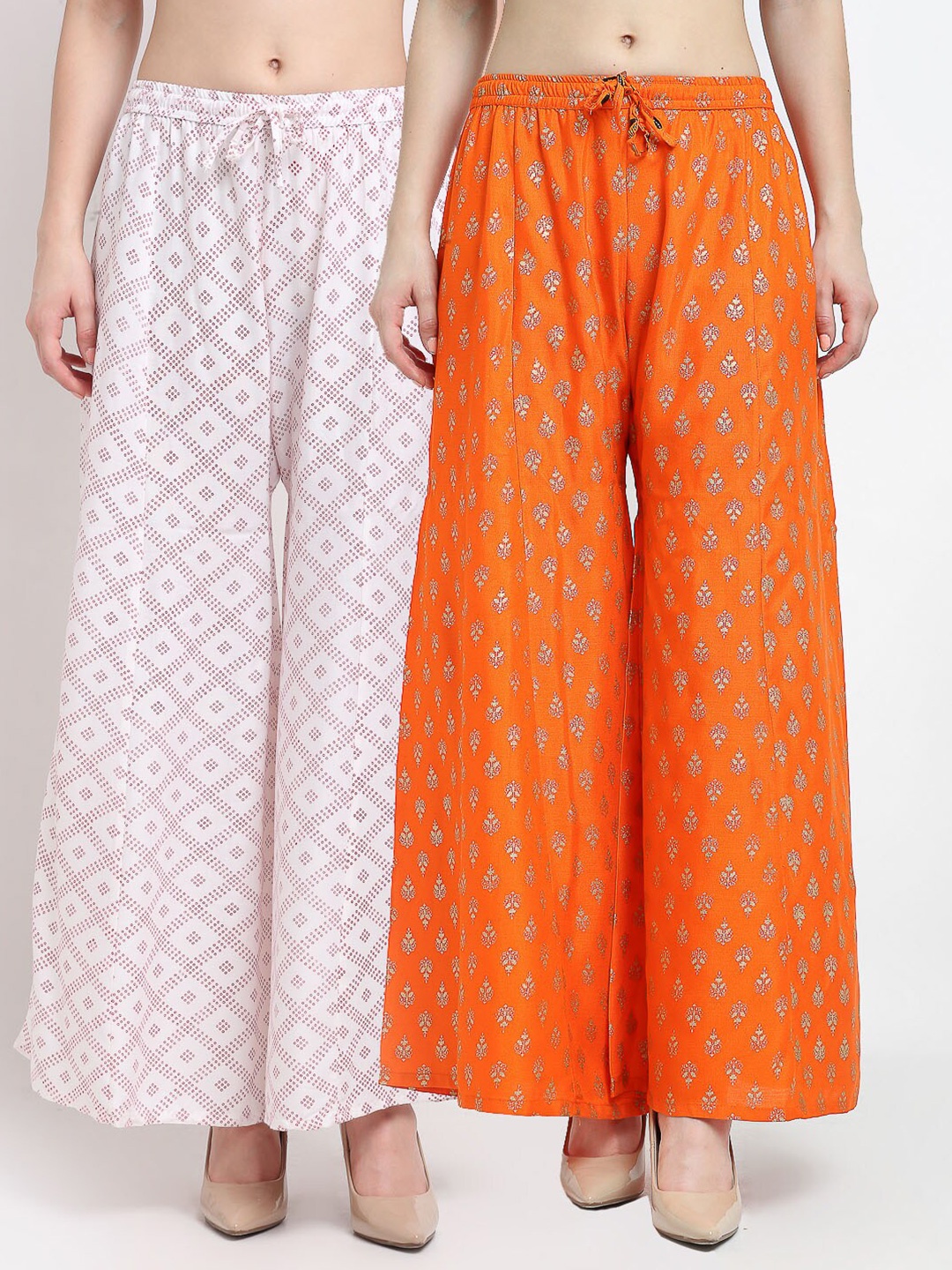 

Jinfo Pack Of 2 Printed Flared Knitted Ethnic Palazzos, White
