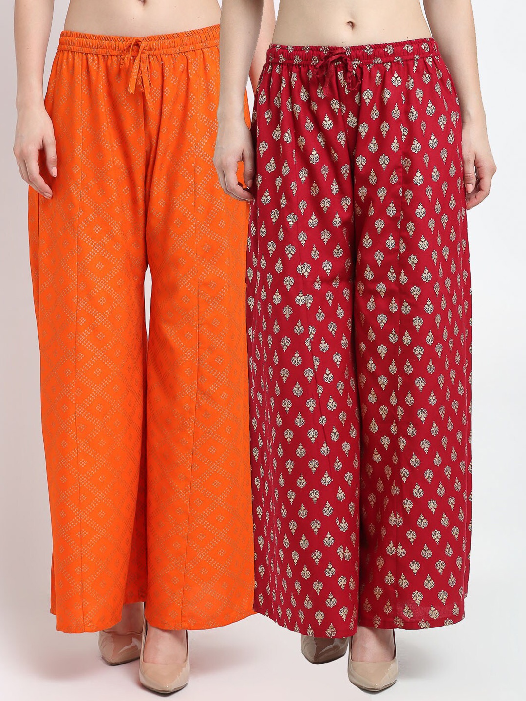 

Jinfo Women Pack Of 2 Orange & Maroon Printed Flared Knitted Ethnic Palazzos