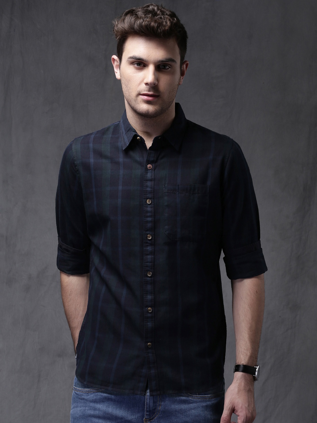 

WROGN Men Navy Blue Checked Slim Fit Casual Shirt