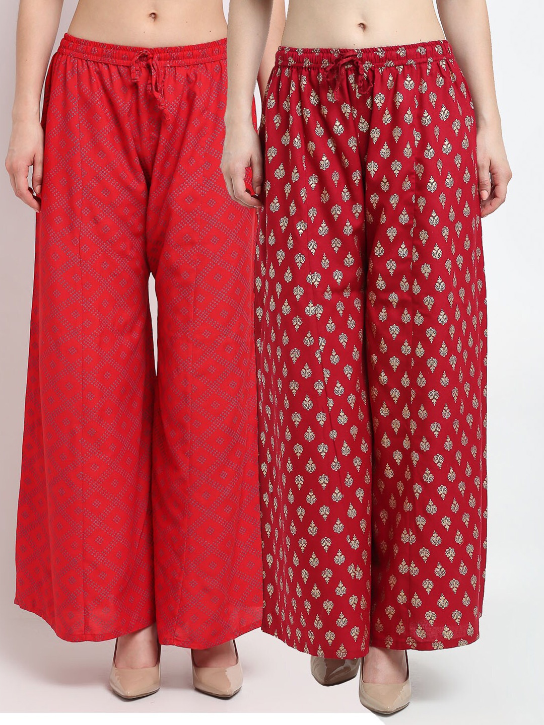 

Jinfo Women Pack of 2 Red & Maroon Ethnic Motifs Printed Flared Knitted Ethnic Palazzos