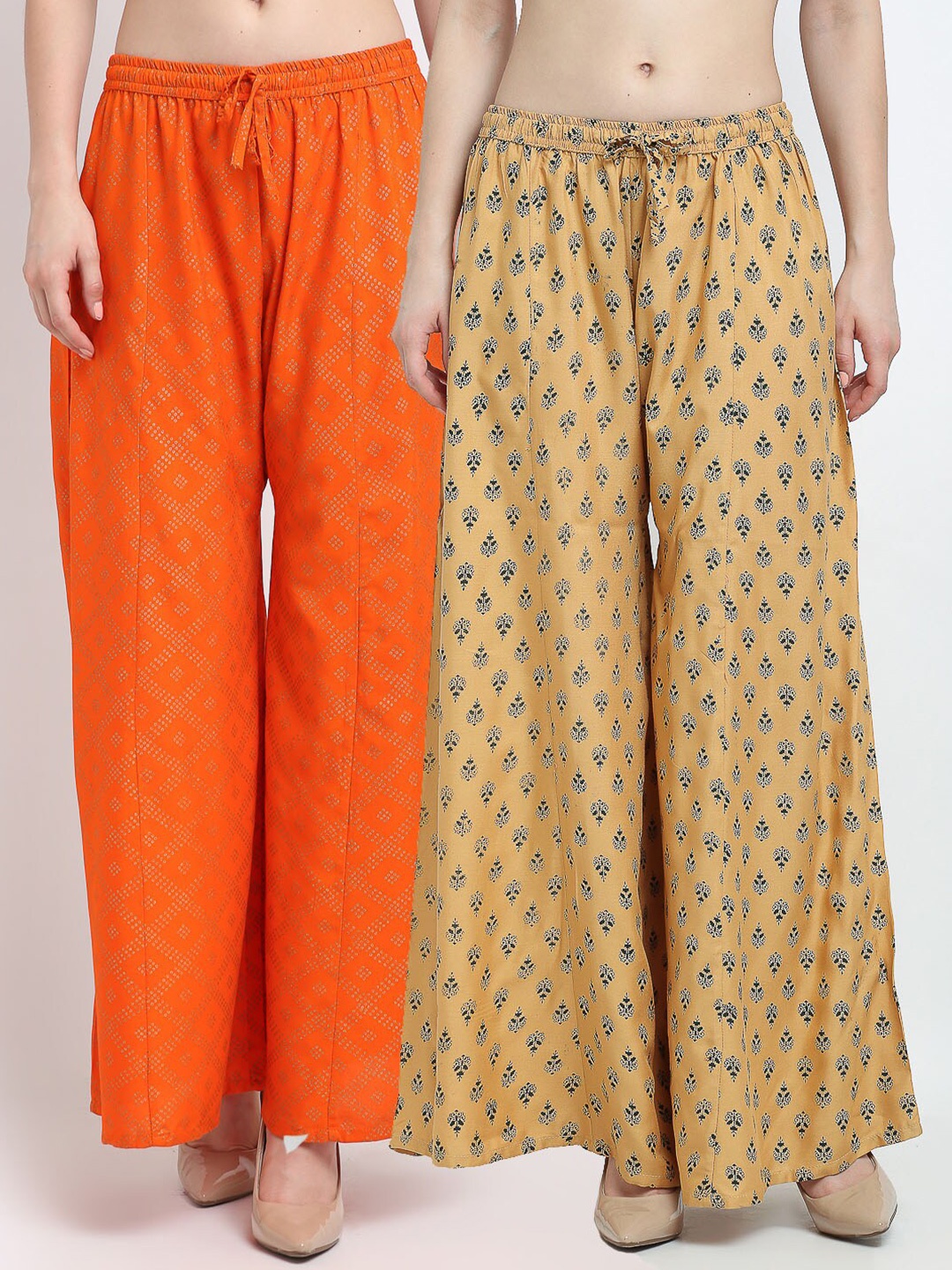 

Jinfo Women Pack Of 2 Orange & Beige Printed Flared Palazzos