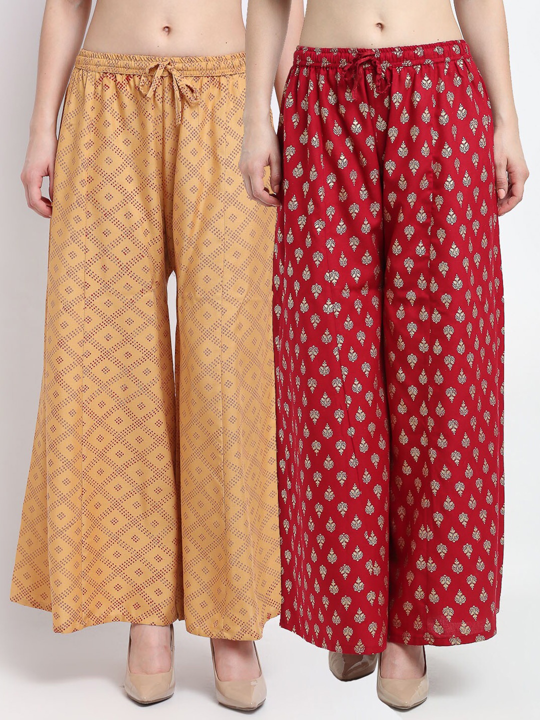 

Jinfo Pack Of 2 Ethnic Motifs Printed Flared Ethnic Palazzos, Beige