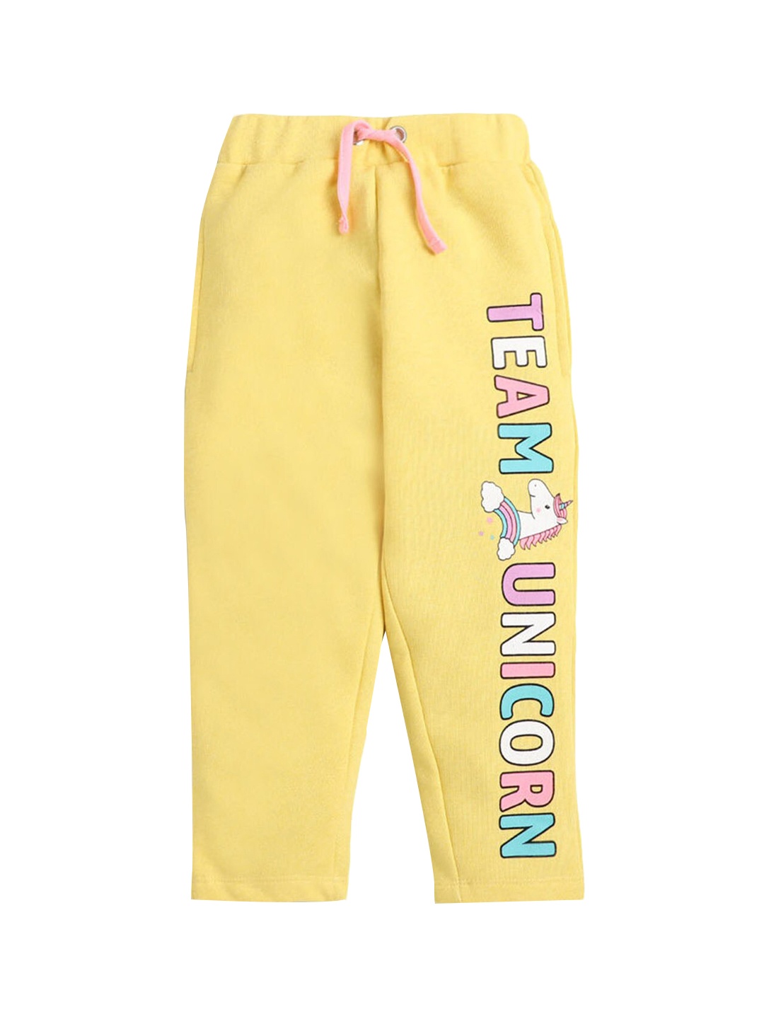 

Hopscotch Girls Yellow Solid Knitted Pure Cotton Track Pants with Typography Print Detail