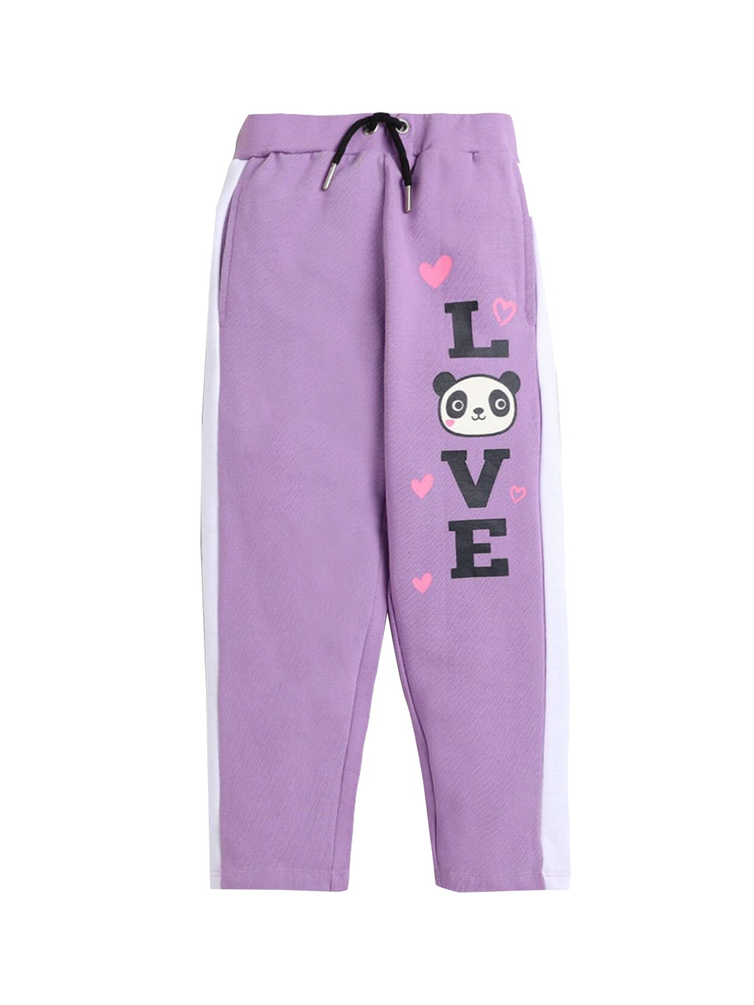 

Hopscotch Girls Purple Solid Knitted Pure Cotton Track Pants with Typography Print