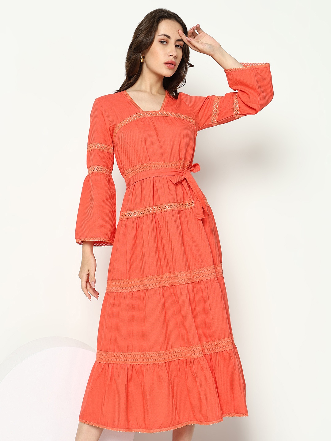 

SHOWOFF Women Peach-Coloured Striped Bell Sleeves Square Neck Anarkali Kurta