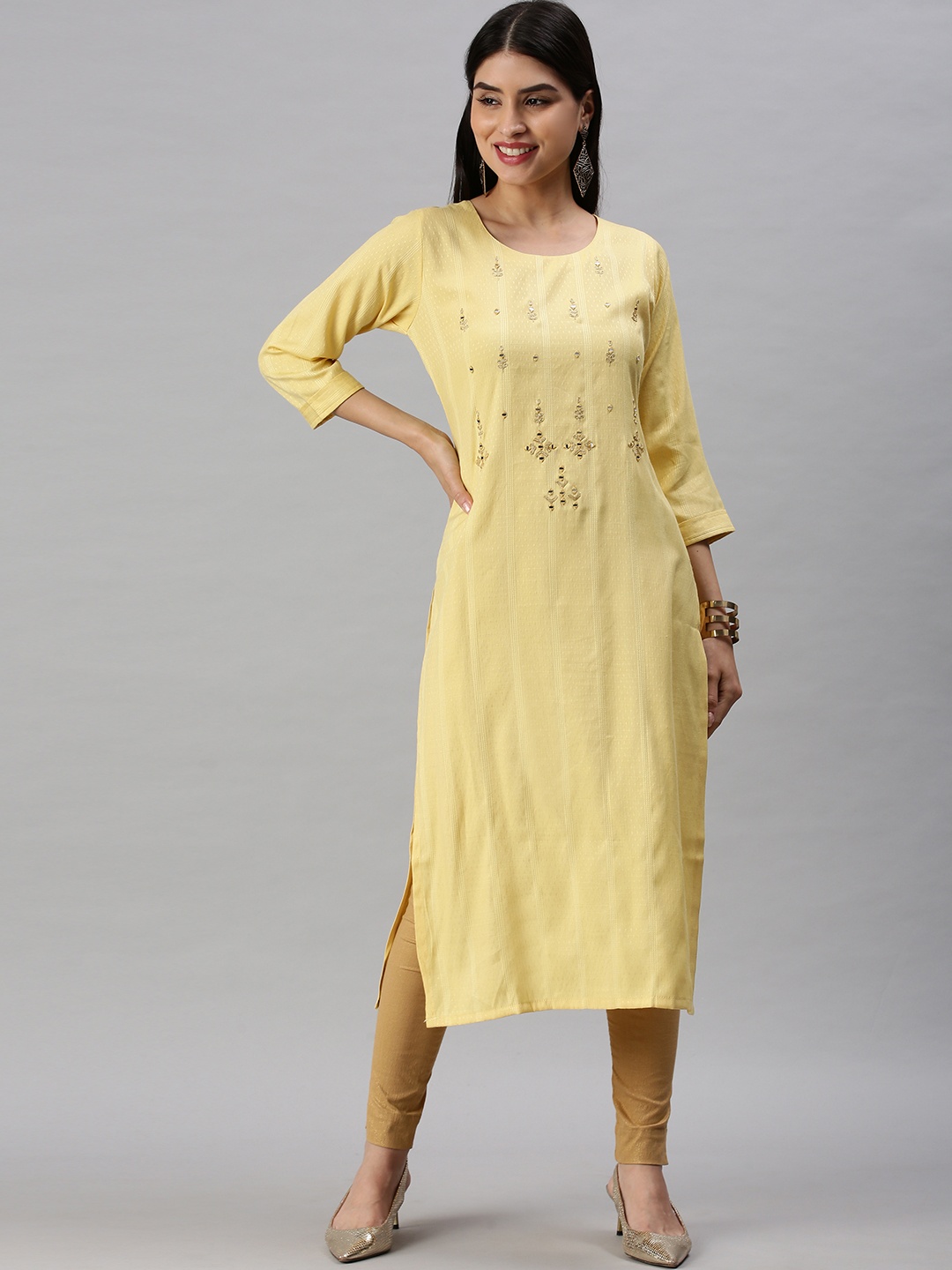 

SHOWOFF Women Yellow Striped Straight Kurta