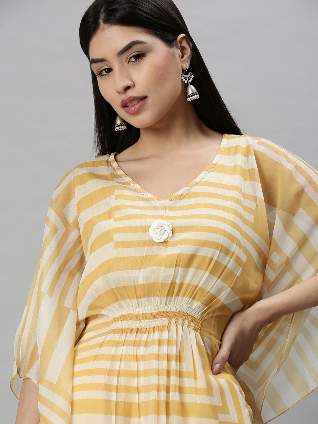 

SHOWOFF Women Yellow Striped Printed Kaftan Flared Sleeves Kurta