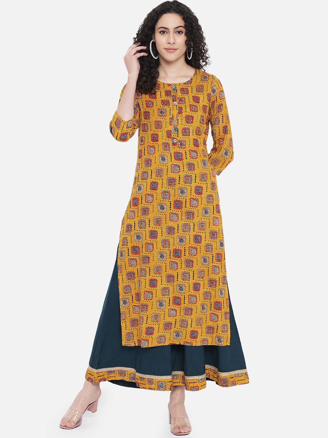 

Nehamta Women Mustard Yellow Floral Printed Kurti with Palazzos