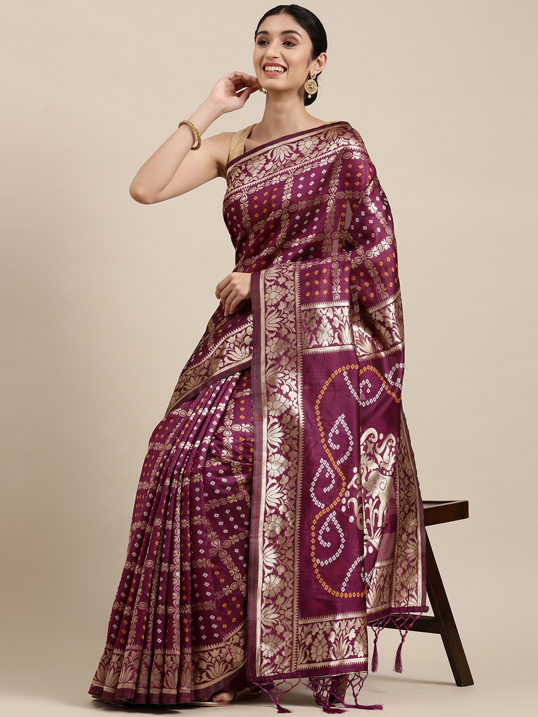 

Mitera Purple & Golden Silk Blend Bandhani Saree