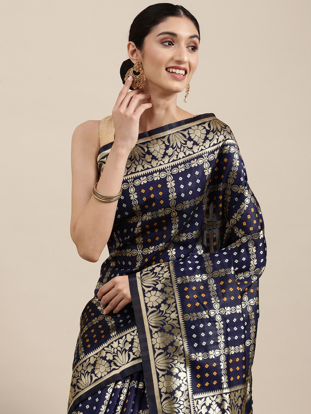 

Mitera Navy Blue & Golden Silk Blend Bandhani Saree
